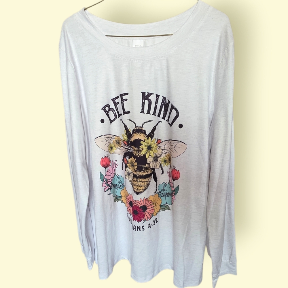 Bee Kind Floral Long Sleeve Tee - White 1X